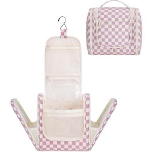 Narwey Hanging Toiletry Bag for Women Travel Makeup Bag Organizer Toiletries Bag for Cosmetics Essentials Accessories (ZA-Dusty Pink Checkerboard)