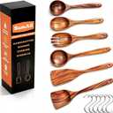 6 PCs Teak Wooden Utensil Set with Hooks, Wooden Spoons for Cooking, Wood Cooking Utensils Set, Comfort Grip, Non Stick Cookware, Easy to Clean, Kitchen Stuff, Wood Spatula