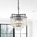 13.4" Small 4-Light Modern Glass Chandelier Light Fixtures Mini Black 2-Tier Crystal Chandeliers for Dining Room Round Hanging Ceiling Pendant Lighting for Kitchen Island Entryway Hallway