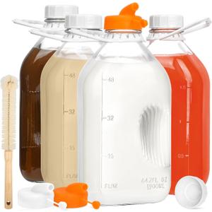 KMIGRUAN Half Gallon Heavy Duty Glass Milk Bottle with Handle and Airtight Reusable Lids,4 Pack Clear Glass Milk Container for Refrigerator,Glass Milk Jar with Handle and Spout