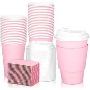 JarThenaAMCS 50Set Pink Disposable Coffee Cups with Lids and Sleeves 12oz Light Pink Paper Drinking Cups for Home Restaurant Wedding Birthday Baby Shower Bachelorette Party Supplies