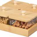 Basicwise Set of 4 Square Glass Jars with Bamboo Lids and Wooden Tray  Square Charcuterie, Snack Organizer and Fruit Platter for Party, Candy Jars, Cookies, Nuts, Fruits and Snack Box
