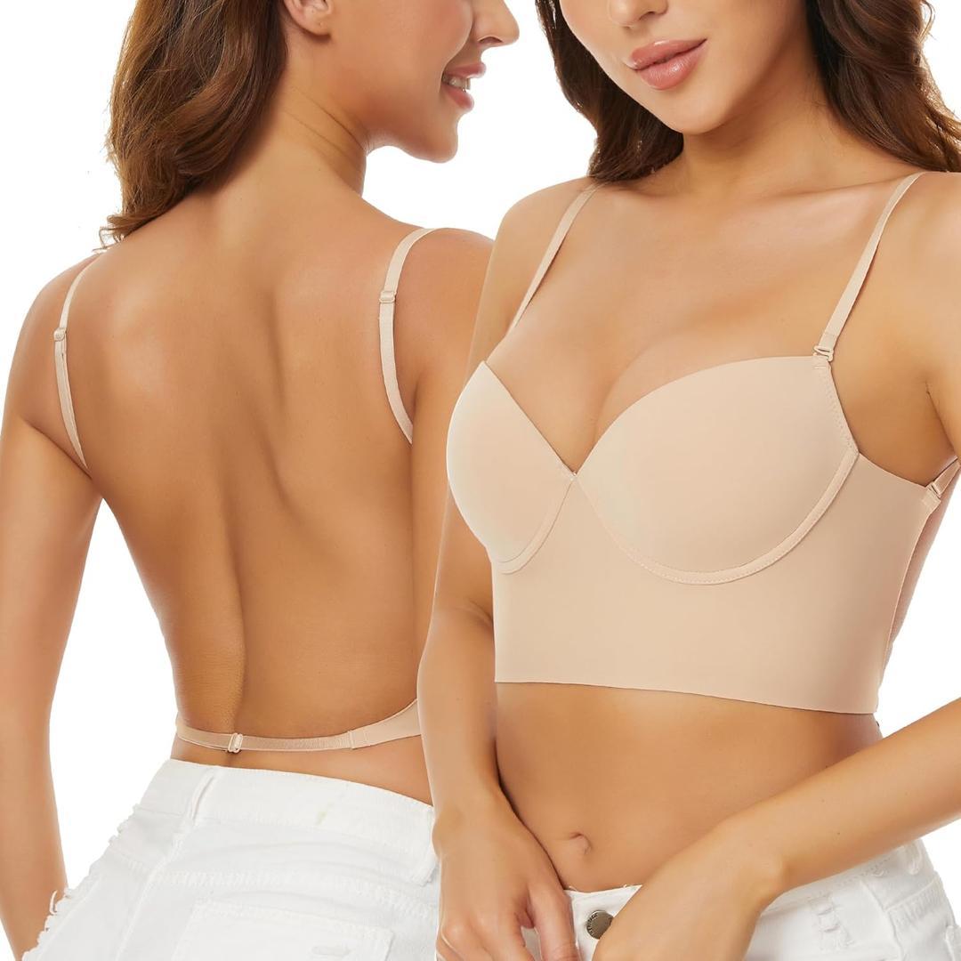 Low Back Bras for Women-Seamless Invisible Backless Bra-Lightly Lined Demi Multiway Bra No Show Low Cut Halter Bras (32B, Nude)