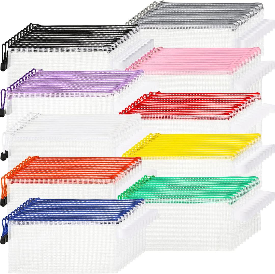 Handepo 100 Pack Mesh Zipper Pouch Pencil Pouches Bulk Clear Storage Bag Small Waterproof Purse Bag Multipurpose for Cash Board Game Passport Office(A6/9.45x4.53in,White Pouch Multicolor Zipper)