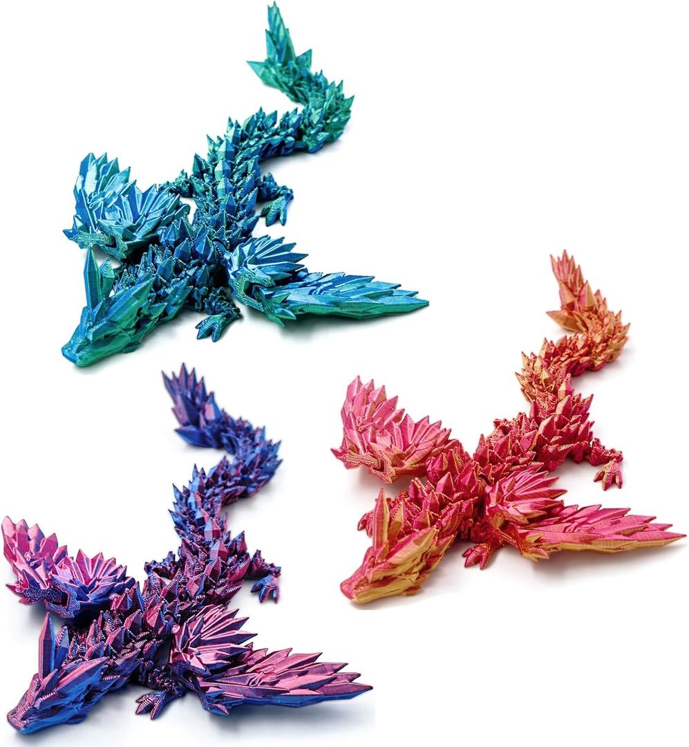 Dxldfks 3 PCS 3D Printed Dragon with Wings, 3D Dragon 9" Articulated Winged Dragon for Home Office Decor Executive Desk Toys (Purple & Bluegreen & Red)