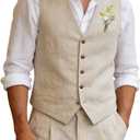 Aowdoy Men's Suit Linen Beach Wedding Suit Prom Tuxedos for Groomsmen Vest+Pants Set Beige XS