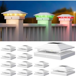 APONUO Solar Post Cap Lights Color Changing 12 Pack - RGB 8 Solid & Gradient Colors, IP65 Waterproof, for 4x4 5x5 6x6 Wood Vinyl Fences, Deck, Patio, Yard (White)