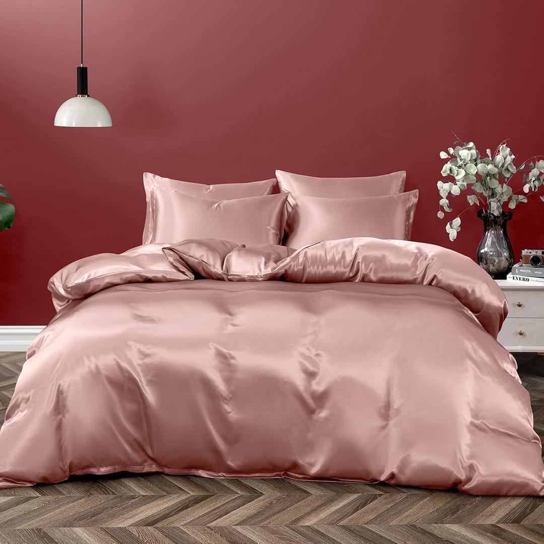 P Pothuiny 5 Pieces Satin Duvet Cover King Size Set, Luxury Silky Like Champagne Duvet Cover Bedding Set with Zipper Closure, 1 Duvet Cover + 4 Pillow Cases (No Comforter)