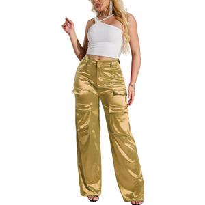 Womens High Waisted Satin Cargo Pants Loose Fit Wide Leg Trousers with Pockets Trendy Outfit (XX-Large, 05 Light Gold)