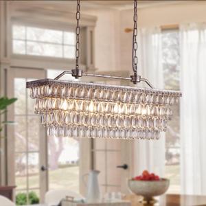 Wellmet Dining Room Crystal Chandelier, 30 Inch Antique Silver Rectangle Chandeliers Over Table, 4 Lights Farmhouse Kitchen Island Lighting, Vintage Crystal Chandelier Light Fixture for Living Room