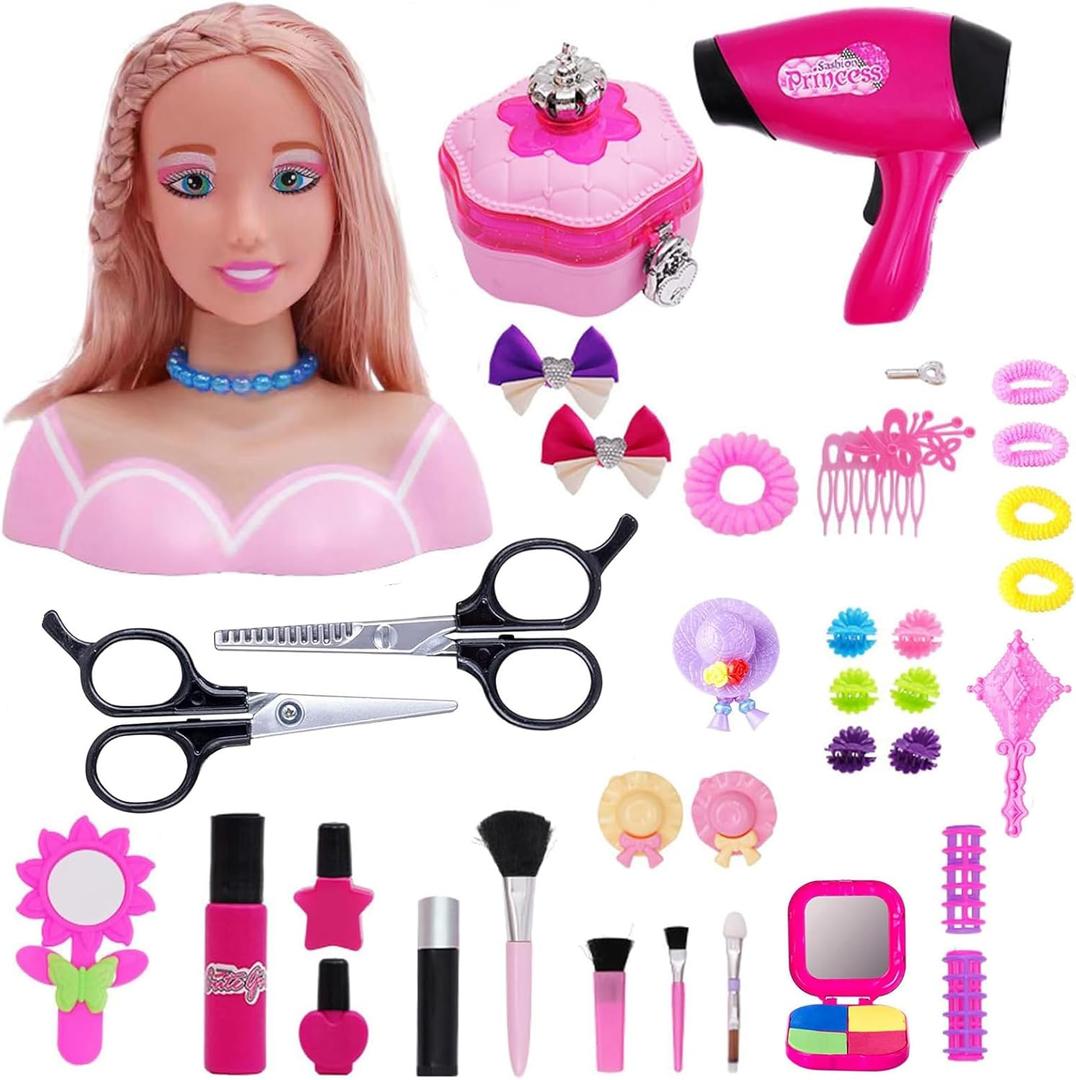 Doll Head for Hair Styling and Make Up for Little Girls, Small Styling Head Doll with Hair Accessories for Girls Makeup Practice with Hair Dryer