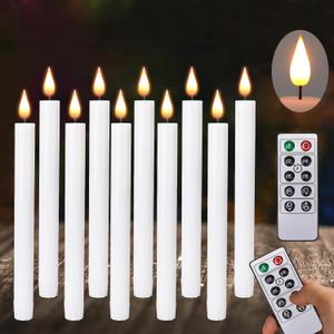 SunFunUSA LED Flameless Taper Candles with Remote Timer Battery Operated-9.6 Inches Flickering Window Candle Lights Realistic Warm Amber Light Best Gift for Xmas Wedding Home Dinner Decor Set of 10 (White)