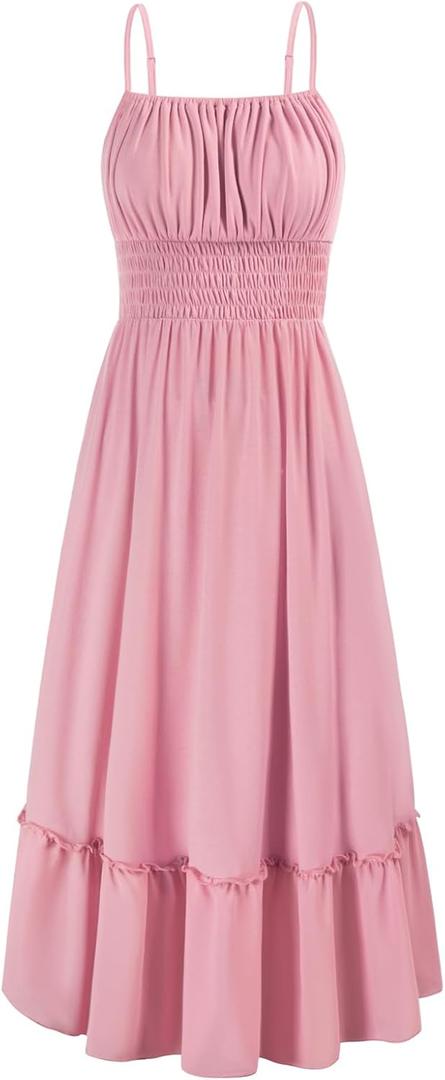 GRACE KARIN Women Summer Beach Sundress Flowy Spaghetti Strap A-Line Cami Long Dress Casual Sleeveless Smocked Maxi Dresses Pink XL