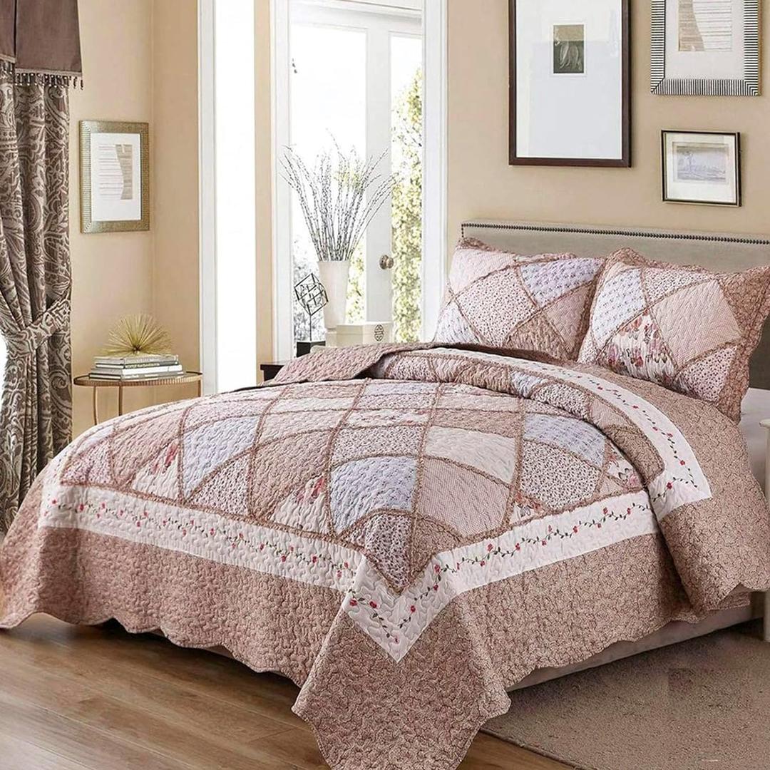 VIVILINEN Queen Size Quilt Set 3-Piece Light Pink Floral Patchwork Reversible Quilted Bedspread Coverlet Set Lightweight Comforter Bedding Set Bed Sheet Set Cover Blanket with 2 Pillow Shams