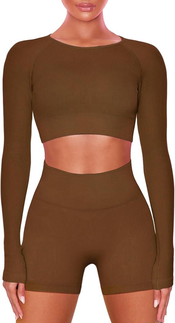 Women Workout Sets 2 Pieces Long Sleeve Yoga Outfits Gym Clothes Seamless Ribbed Crop Top High Waist Leggings M