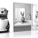 Funny Bathroom Animal Canvas Wall Art Set of 3, Black and White Raccoon Penguin Wall Decor Prints, Animals in the Bathtub Poster Picture for Bedroom Living Room Kids Room 16x24 Inch Framed
