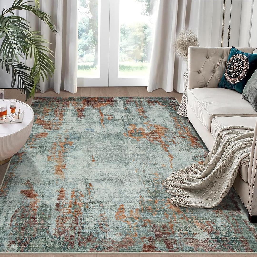 6x9 Area Rugs for Living Room Rug Washable: Modern Rug for Dining Room Bedroom Carpet Non Slip Low Pile 6 by 9 Indoor Abstract Nursery Home Office Red Brown