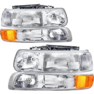 Headlight Assembly Crystal Compatible with 99-02 Chevy Silverado 00-06 Suburban Tahoe Halogen Headlights Replacement, Chrome Housing Amber Reflector