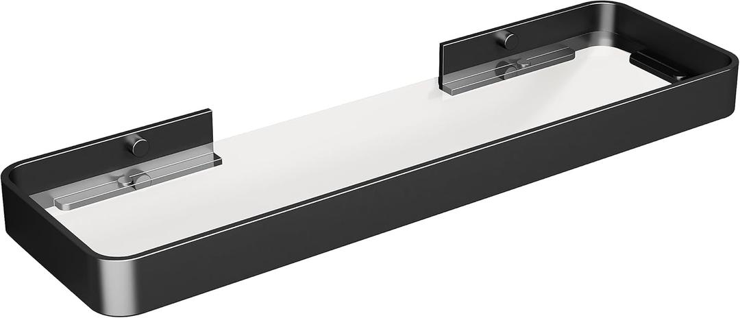 Danpoo 16-Inch Wall Shelf, Clear Tempered Glass with Matte Black Aluminum Frame  Sleek Floating Bathroom Organizer