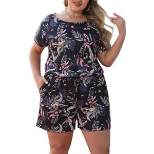 Nemidor Plus Size Rompers for Curvy Women Casual Summer One Piece Short Sleeve Loose Elastic Waist Jumpsuit with Pocket 24