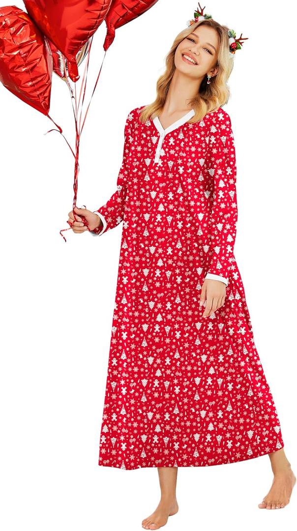 Ekouaer Women's Long Sleeve Nightgown Full Length Sleepwear Long Sleepshirts Henley Sleep Dress S-4XL (Large, Z-christmas Print 2)