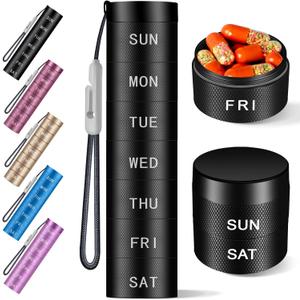 Aluminium Travel Pill Organizer,Weekly Metal Pill Case,Pill Holder, Moisture Proof Waterproof Daily Pill Box 7 Day, Large Pill Container to Hold Vitamins,Medication,Supplements Black Knurling