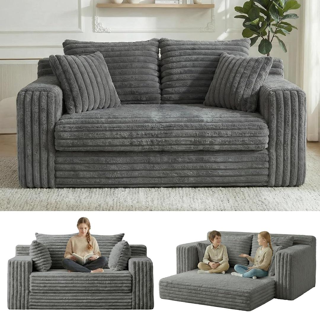 3-in-1 Convertible Sofa Bed: Boneless Loveseat Sleeper & Folding Couch Bed with 4 Pillows & Detachable Cushion, Furry Futon Couch for Bedroom, Apartment, Office and Living Room, No Assembly, Grey