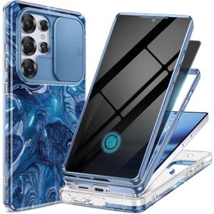 GVIEWIN for Samsung Galaxy S25 Ultra Case, [Slide Camera Cover & Built-in Anti-Spy Privacy Screen Protector] [2 Front Frame] Shockproof Military Grade Marble Phone Case 6.9" (Star Abyss/Blue)