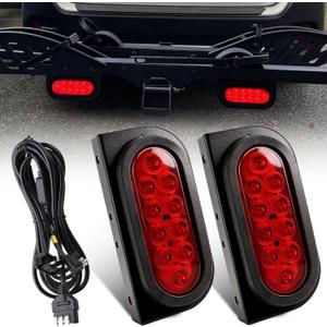 Partswcgg 6" Inch Oval Led Trailer Hitch Cargo Carrier Tail Lights Kit, 2Pcs 6" Inch Red Oval Led Stop Turn Brake Tail Lights Flush Mount Grommet w/Oval Mounting Brackets 4 Pin Wiring Harness Plug