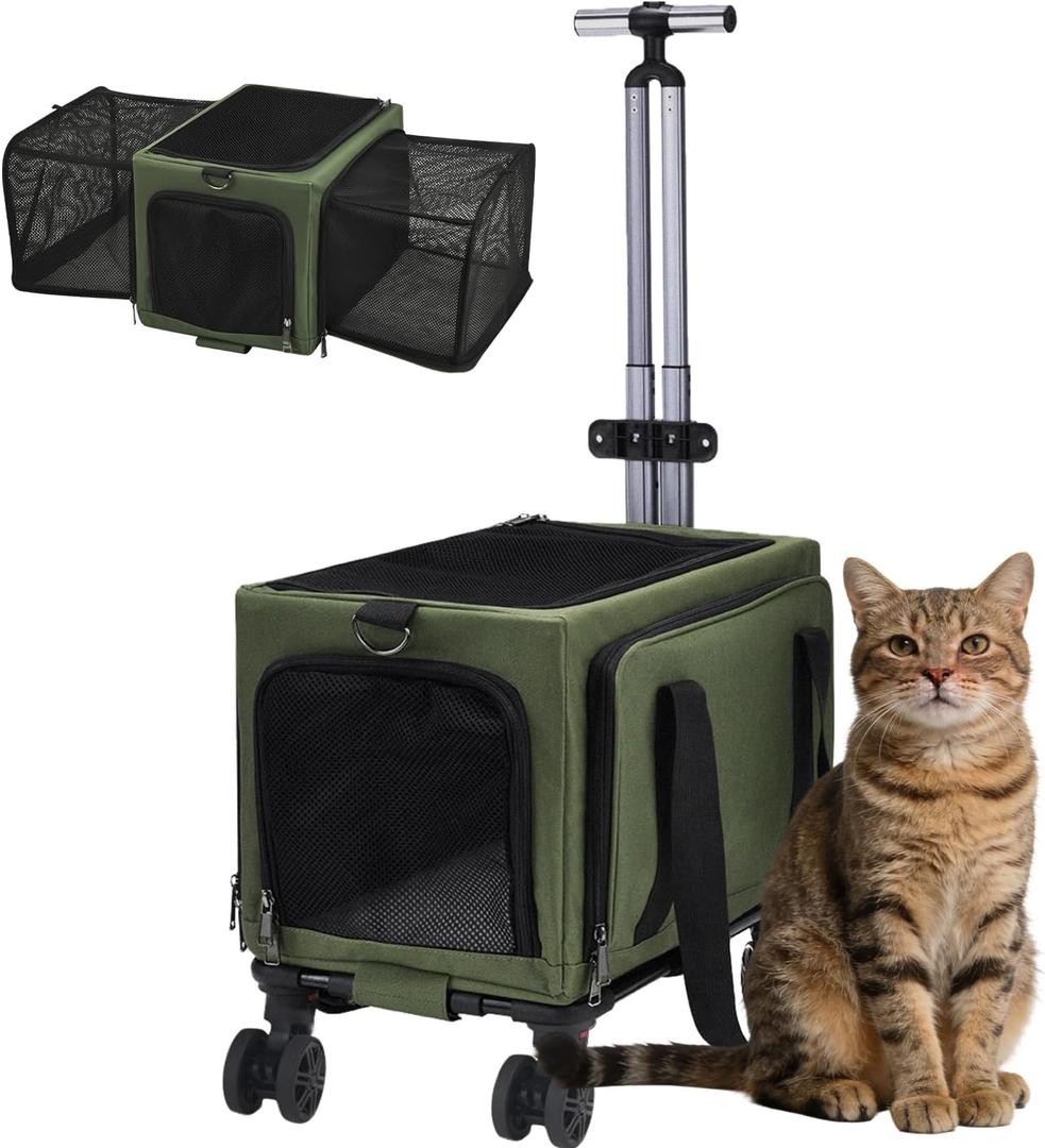 Pet Carrier Airline Approved, Expandable Large Dog Cat Carrier with Wheels, Upgraded Wheels Airline-Approved Cat & Dog Travel Carrier, Rolling Pet Carrier with Removable Pole Platform, Forest Green