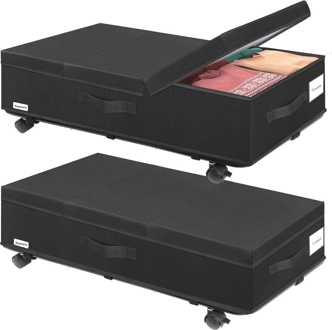 Under Bed Storage with Wheels, Rolling Underbed Storage Containers with Lids, Under Bed Shoe Storage Bins Organizer with Reinforced Metal Bottom Support and Three Handles