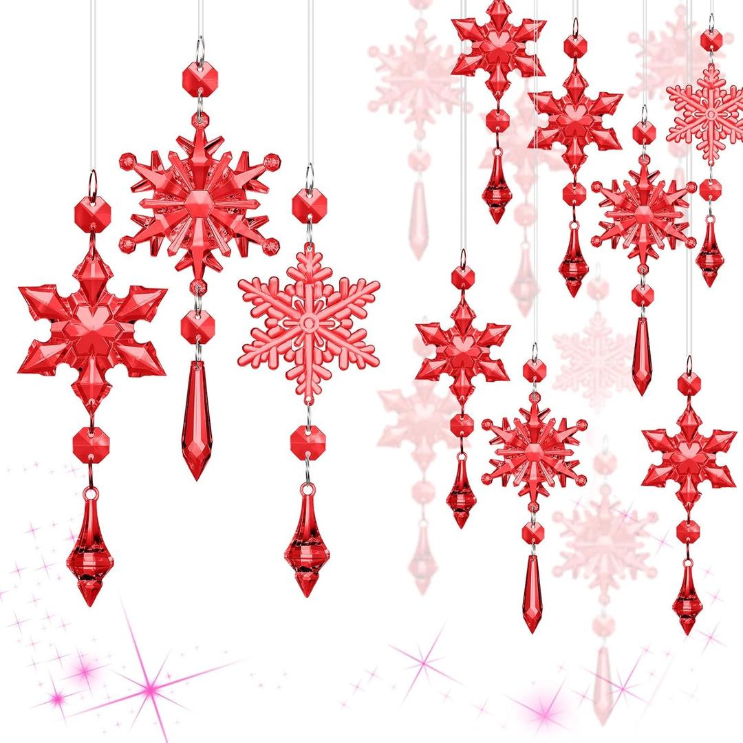 Boao Red 15 Pcs Crystal Snowflake Ornaments for Winter Acrylic Snowflake Decorations Wonderland for Party Favor Celebration