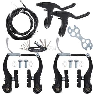 Complete V Bike Brake Set, Front and Rear Bike MTB Brake, Inner and Outer Calipers Cables Lever Kit with Calipers Levers Cables Multi-Tool Wrenches (Black)