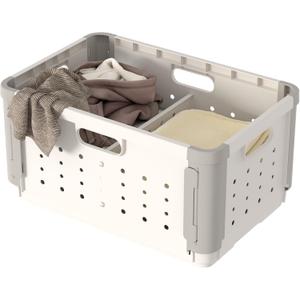 42L Plastic Laundry Basket with Divider for Pre-Sorting, Stackable Storage Bins with Hidden Wheel for Clothes Toy Storage, Portable Dirty Clothes Laundry Hamper, Storage Basket for Shelves