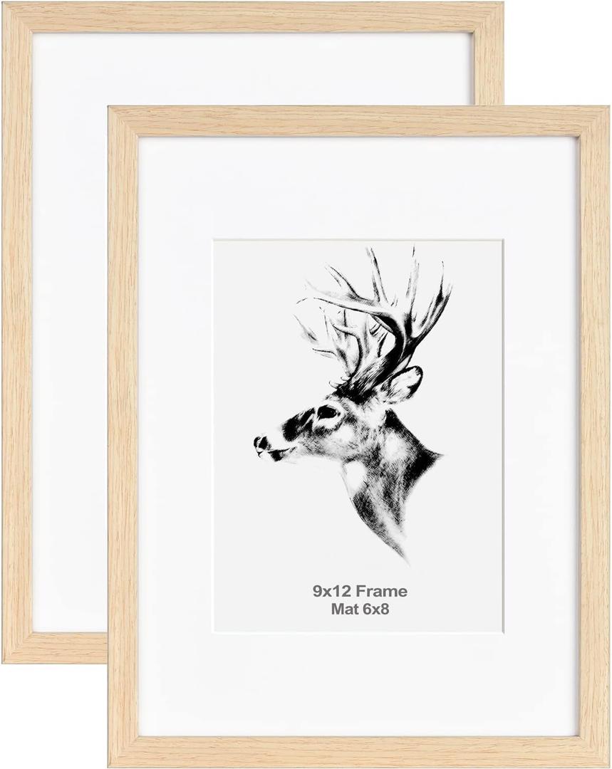 Yaetm 9x12 Oak Picture Frame Matted to 6x8 Set of 2, Natural Solid Wood Photo Frames 9x12 with Tempered Glass, Horizontal and Vertical Wall Mounting (2 Pack, Oak)