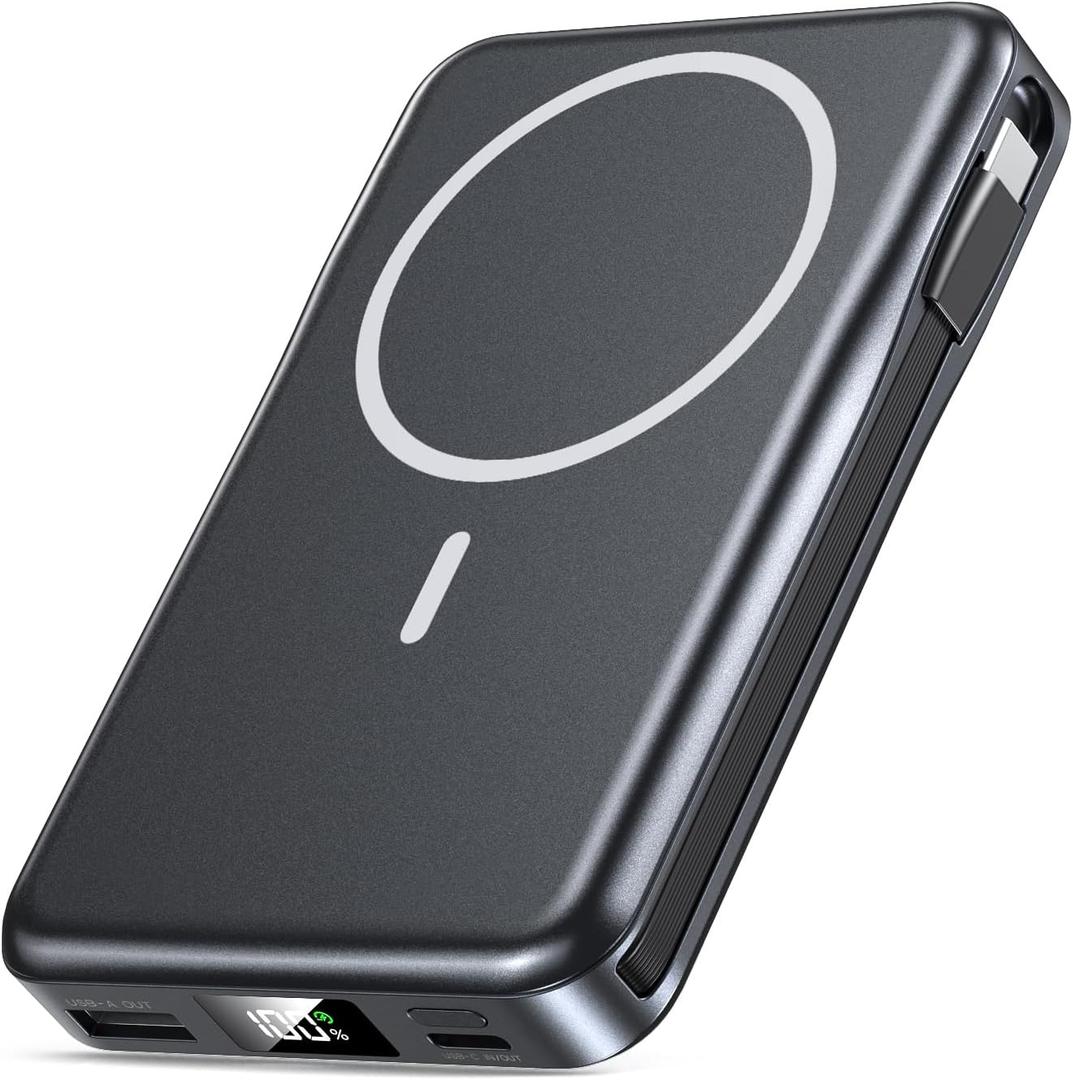 Magnetic Portable Charger, 10000mAh Power Bank, 5 in 1 Portable Charger with Built in Cable, 20W Fast Charging for Magsafe Battery Pack Compatible with iPhone 17/16/15/14/13/12 Pro/Pro Max-Black