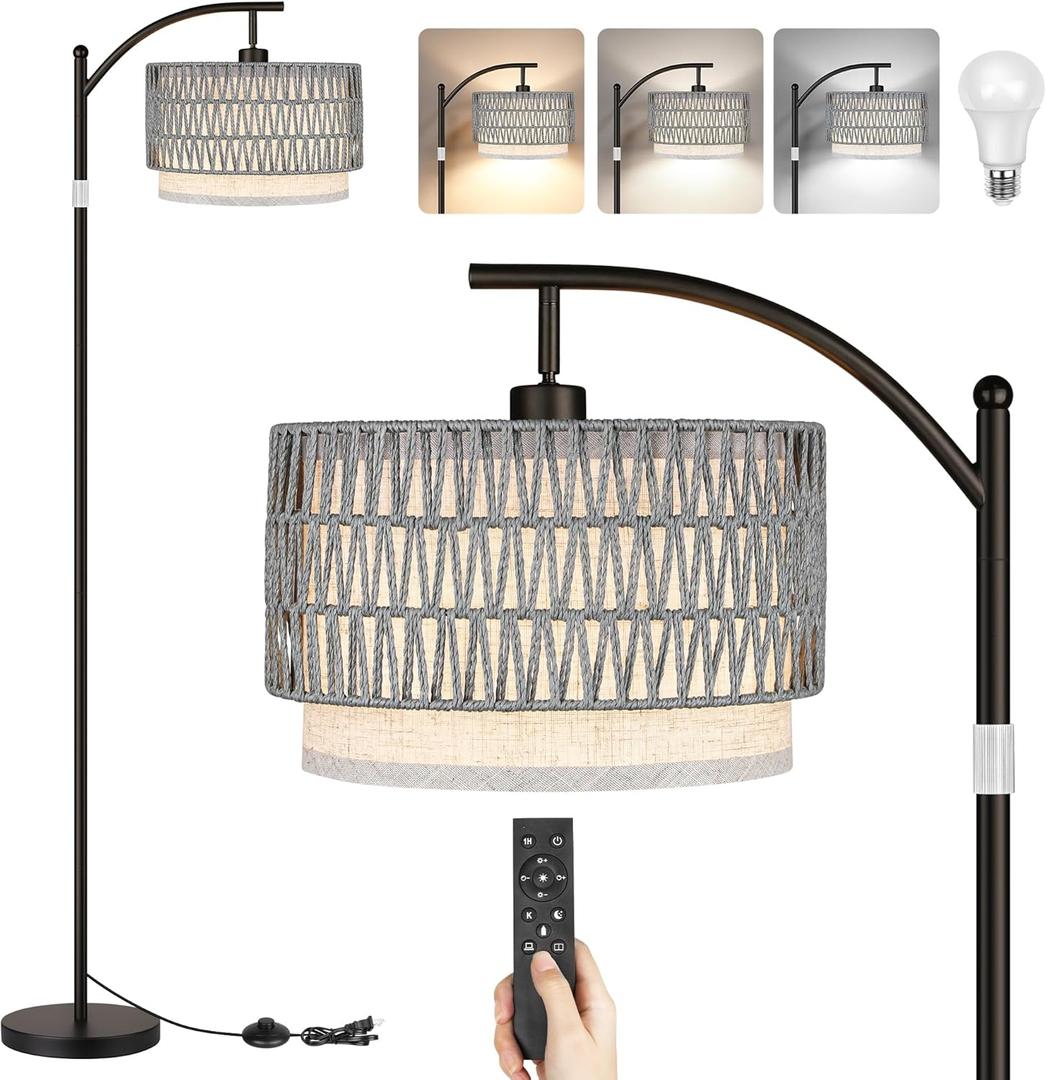 Rattan Floor Lamps for Living Room, Boho Standing Lamps with Grey Rattan& Linen Double Shades, Arc Lamps Floor Standing with 9W Bulb, Foot Switch, Black Bohemian Floor Lamps for Bedroom, Office-Drum (Black & Gray shade)