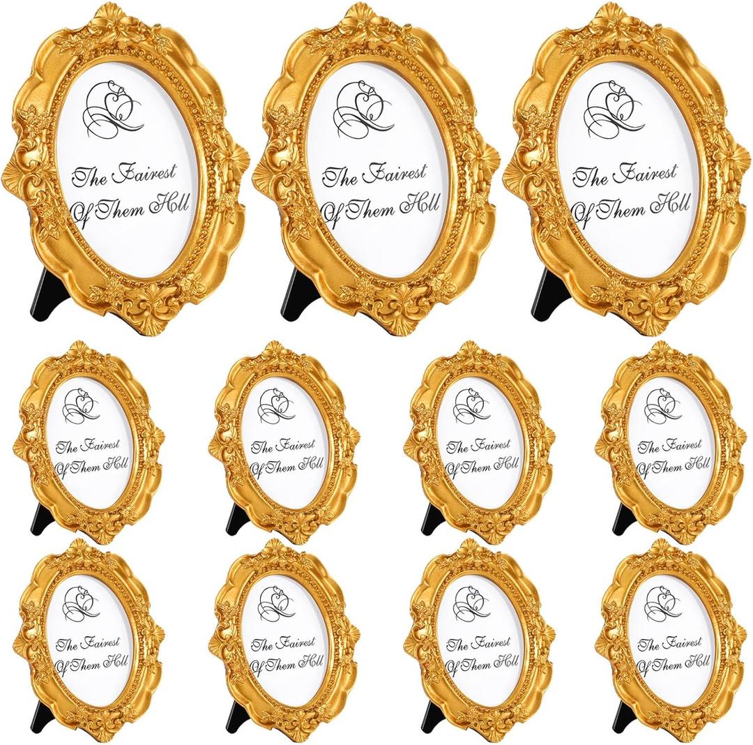10 Pcs Gold Mini Picture Frames Pack 2 x 3 Inch Small Vintage Antique Ornate Retro Baroque Photo Frames with Backboard for Wall Hanging Tabletop Display Wedding Christmas Decor (Oval)