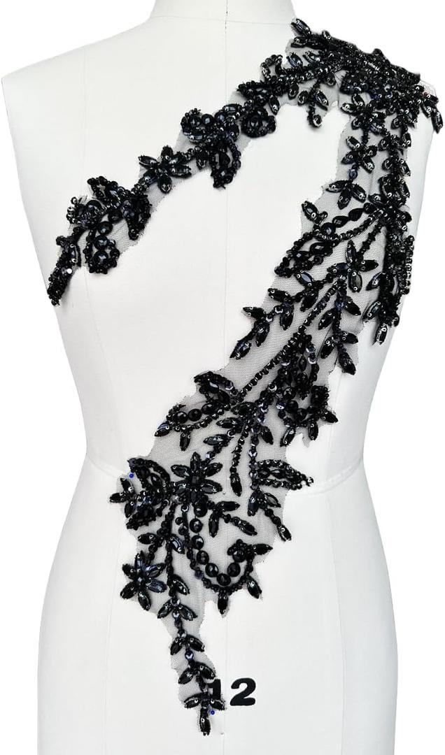 Handmade Shining Acrylic Rhinestones on lace Applique Sewing Beads Stones Trim Patches Accessories for Wedding Dress (Black)