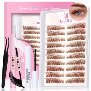 Brown Lash Clusters Kit Natural Lashes Extensions Wispy Eyelash Cluster 160pcs D Curl Left&Right with Bond & Seal, Glue Remover, Tweezers(U16)