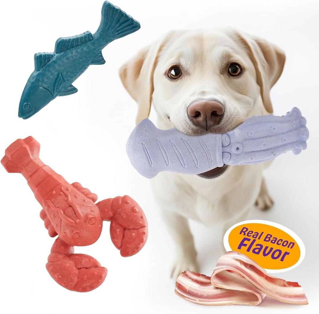 Kimee Dog Toys for Aggressive Chewers, 3 Pack Indestructible Dog Chew Toys, Super Chewer Toys with Tough Nylon Bacon Flavor for All Breed Sizes, Teeth Cleaning & Training, Boredom Relief