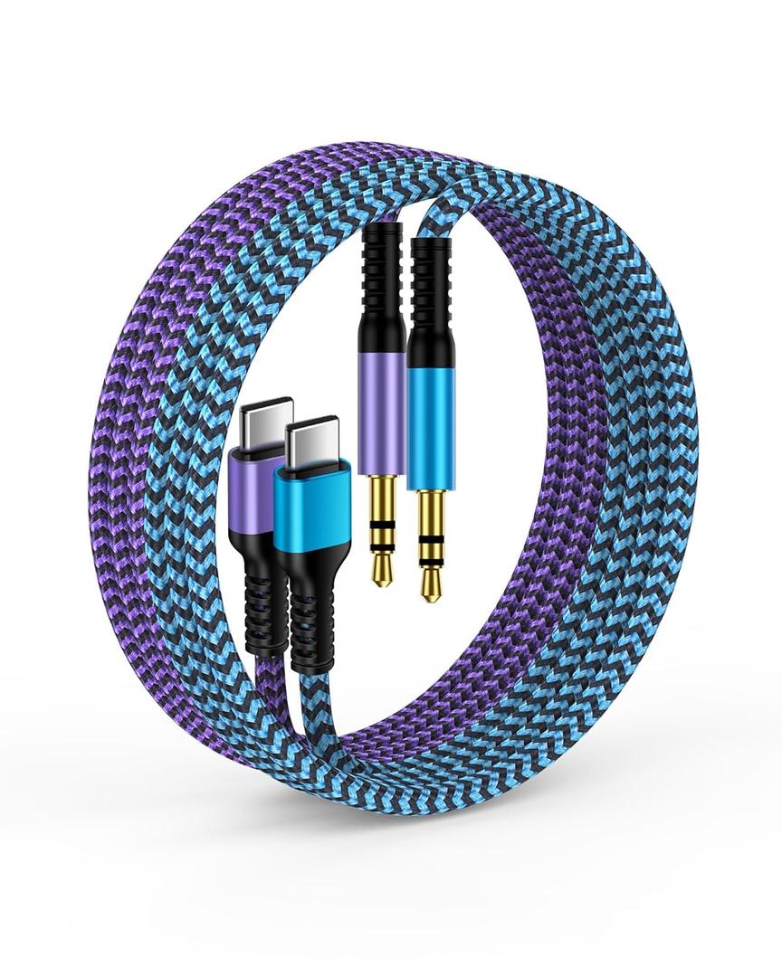 Samsung USB C Aux Cord, Braided Auxiliary to USB C, Type C to 3.5mm Male Headphone Jack Cable for Car/Home Stereo Speaker for Galaxy Z Fold S26 S25 Edge S24 S23 Ultra S22, Note 20/10, iPhone 17e 17 16 (2*Blue, Purple)