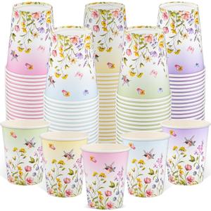 100 Pack Spring Floral Paper Cup, 9oz Tea Party Floral Cups Disposable Wildflower Paper Cups, Mother's Day Drinking Cup Bulk for Hot Cold Beverage Wildflower Party Birthday Barbecue Wedding,5 Colors