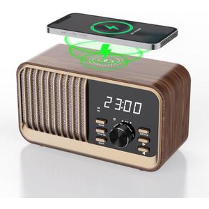 MONODEAL Alarm Clock Radio with Fast Wireless Charging,Support Bluetooth 5.3/FM Radio/USB Port/TF Card/Aux in,8W Stereo Sound Speaker,Snooze,Hands-Free Calling,Dimmable Clock Radios for Bedroom