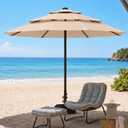 10ft Patio Umbrella, 3-Tier Vented Outdoor Table Umbrella with 8 Sturdy Fiberglass Ribs, Windproof Market Umbrella with Push Button Tilt and Crank, UV Protection for Deck, Pool, Beige