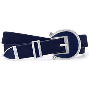 XZQTIVE Women Skinny Suede Belt for Jeans Pants Dresses Fashion Ladies Belt with Vintage Semi-Circle Buckle, Navy Blue (Fit Waist Size 32”-36”)