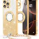 SQMCase Designed for iPhone 16 Pro Max Case Magnetic Glitter with Wrist Strip & Camera Lens Protector [Compatible with MagSafe], Luxury Gold Plating Cover Shockproof Protective Case (Gold)
