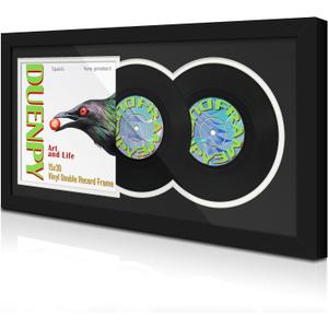 DUENPY Vinyl Record Display Frame 15.1x30 Inches Display Record Album and 12.5x12.5 Album Cover Art Wall Mount Black White Mat