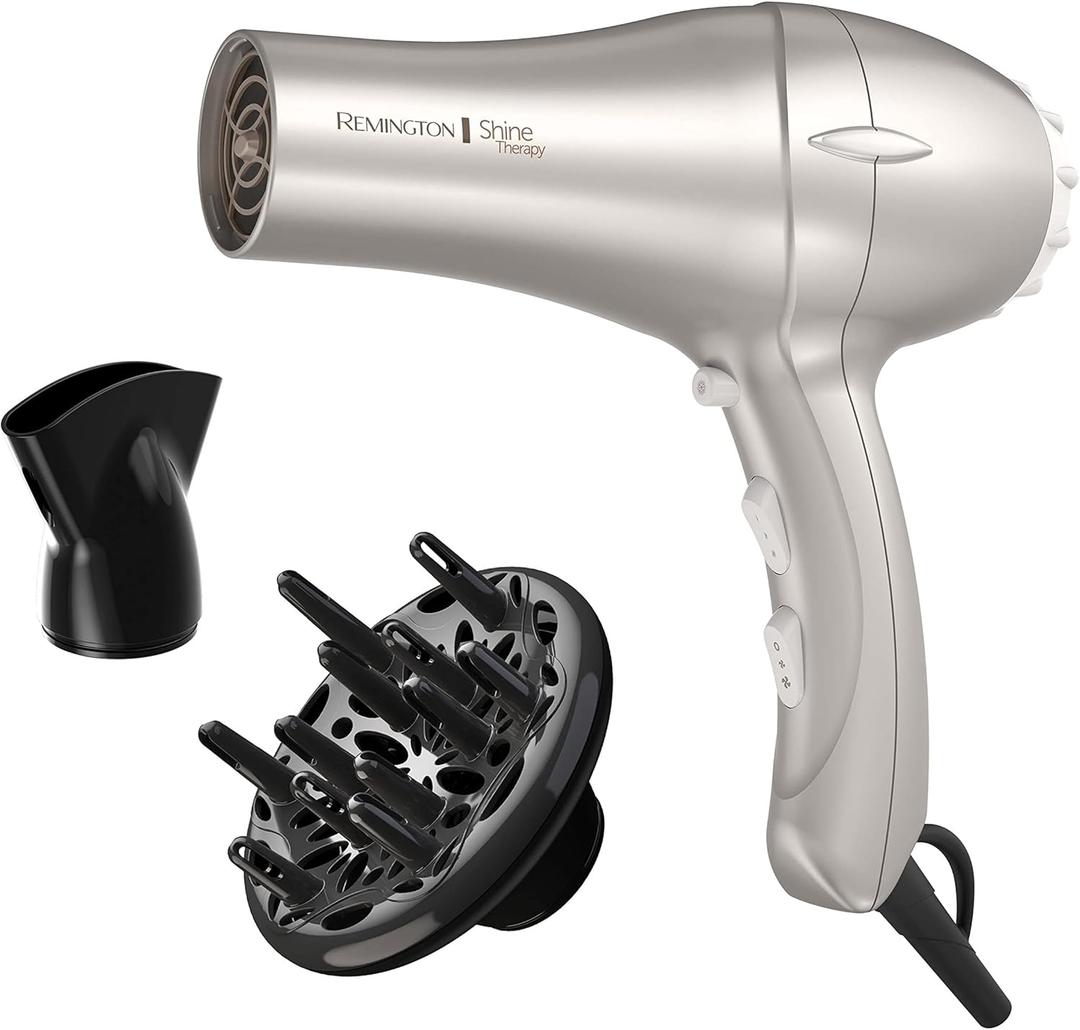 Remington Shine Therapy Hair Dryer with Argan Oil & Keratin, 1875W Ionic Blow Dryer for Frizz Control & Smooth Shine, Ceramic Technology, Lightweight Hair Dryer with Diffuser & Concentrator (Champagne)