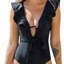 Sporlike Women One Piece Swimsuit V-Neck Ruffle Bathing Suit Padded Monokini(19592D7, Large) Black